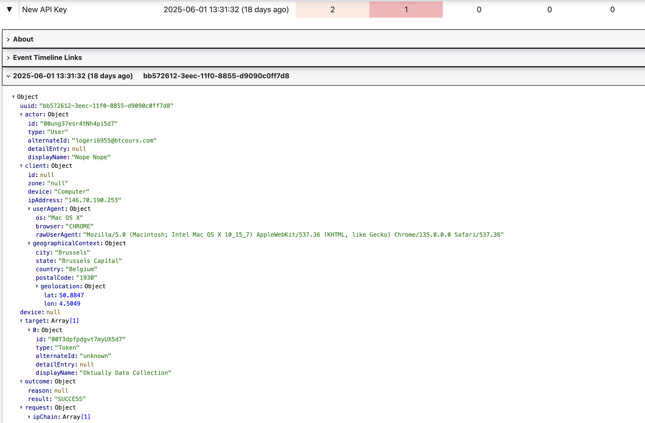 An expanded row of the detections table, showing the full JSON log