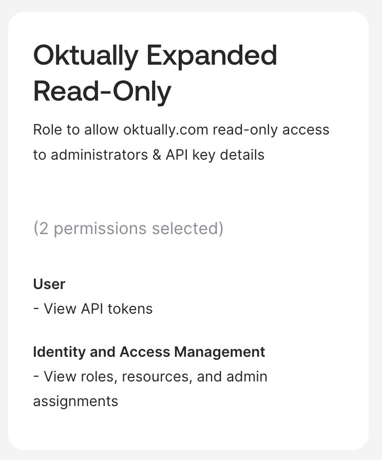 Permissions selection showing View API Tokens and View roles, resources, and admin assignments